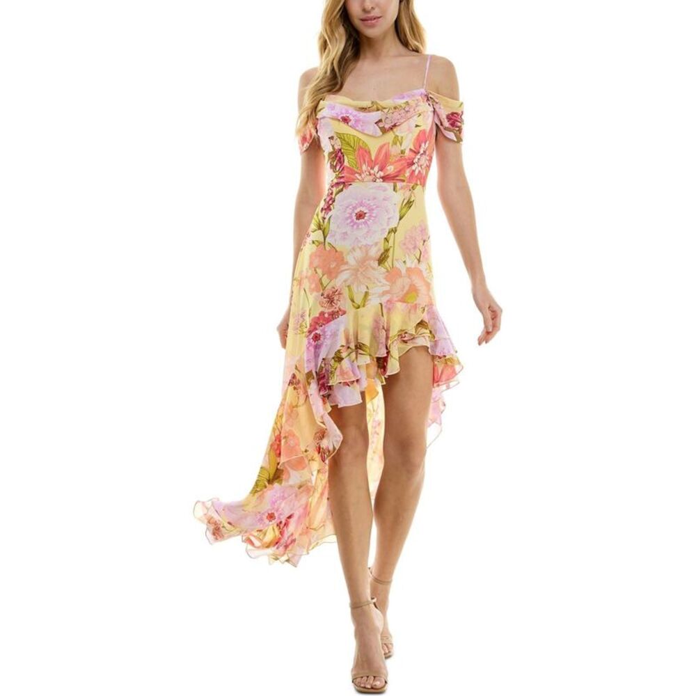 City Studio Womens Drape Neck Ruffle Hem Off-Shoulder Dress, Multicoloured, J...